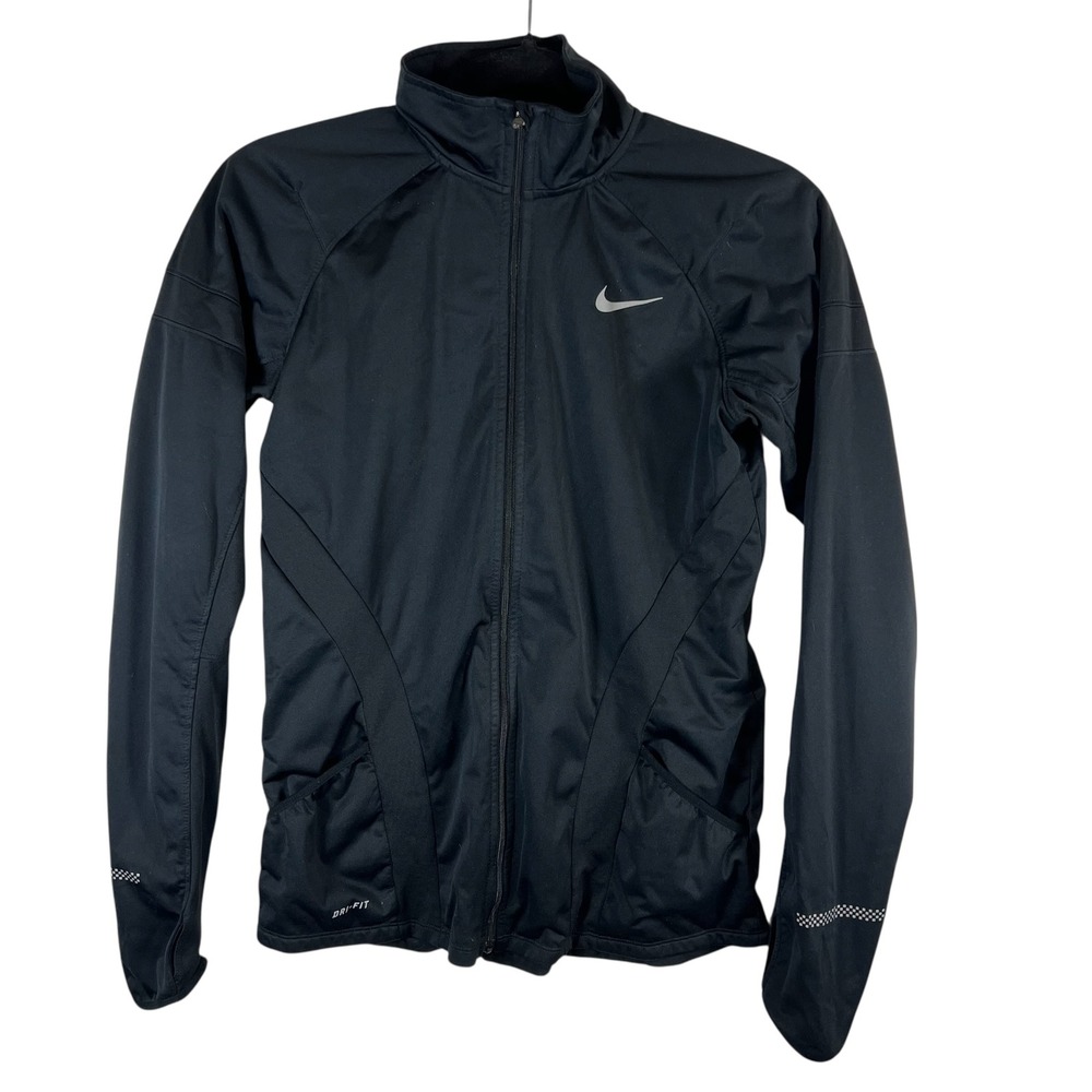 Nike Womens Running Dri-FIT Full Zip‎ Jacket Black Mock Neck Reflective Small